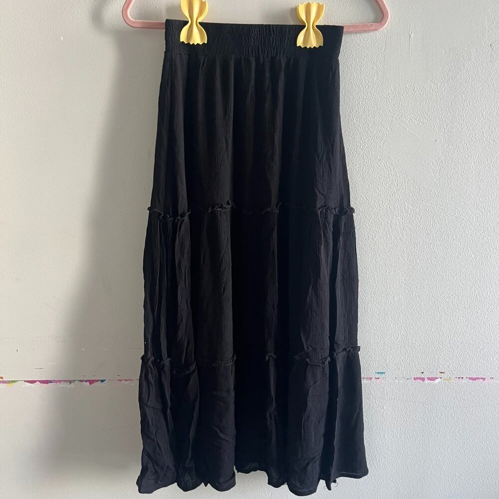 Passport Cottagecore Tiered Drawstring Waist Black Maxi Skirt
